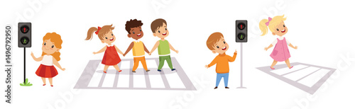 Cute Boys and Girls Learning Traffic Rules Vector Set
