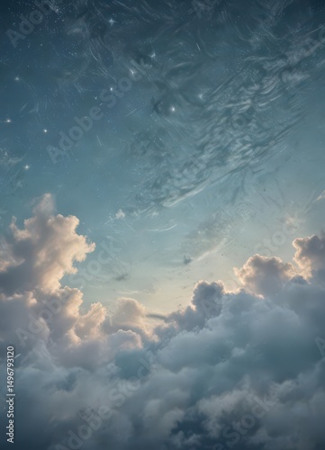 Faded blue sky, wispy clouds, stars on distressed paper texture ,  pattern,  photo,  faded