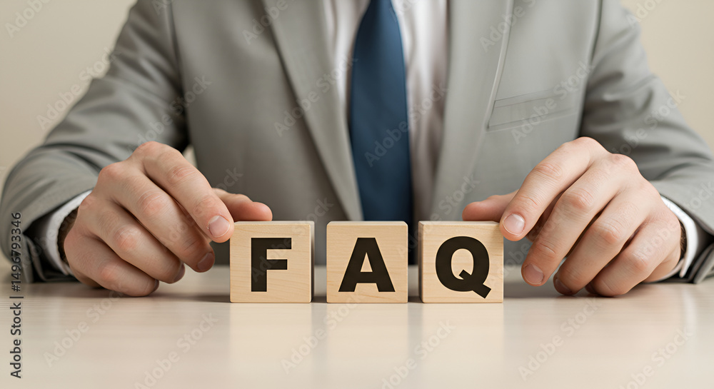 Obraz premium Man hands holding wooden cubes creating FAQ concept. Frequently asked questions and answers for customer support and business problem solving.