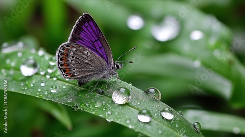 Dewdrop-Kissed Violet Butterfly Perches on Vibrant Green Leaf