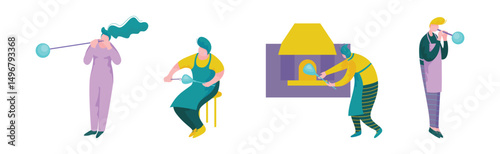 People Characters Glass Blower Inflating Molten Glass into Bubble Vector Set