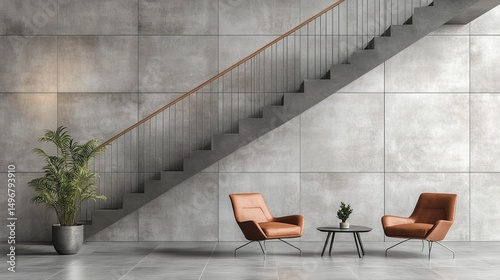 Modern, minimalist interior with a concrete wall and staircase.  Awaiting visitors in a sophisticated lobby