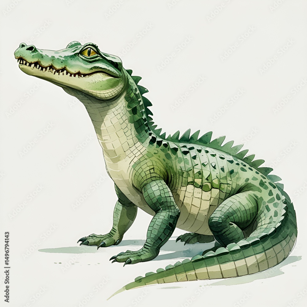 Fototapeta premium Watercolor Crocodile Illustration with Scaly Green Texture