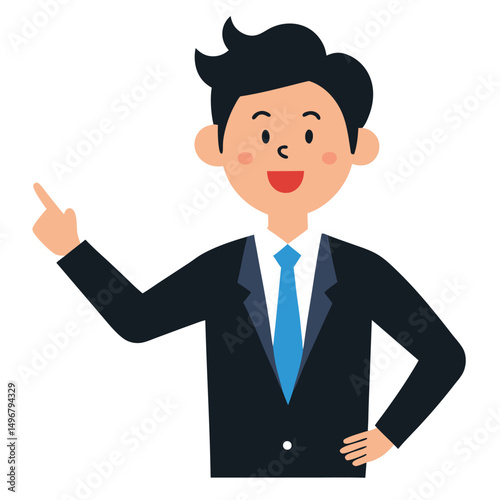 Business man pointing finger at something. Happy face. Hand drawn style vector design illustrations. 
