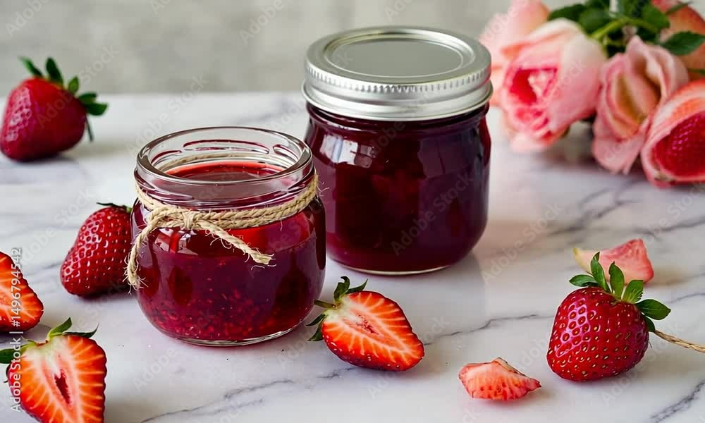 Freshly made strawberry jam in jars surrounded by ripe strawberries and pink roses on marble