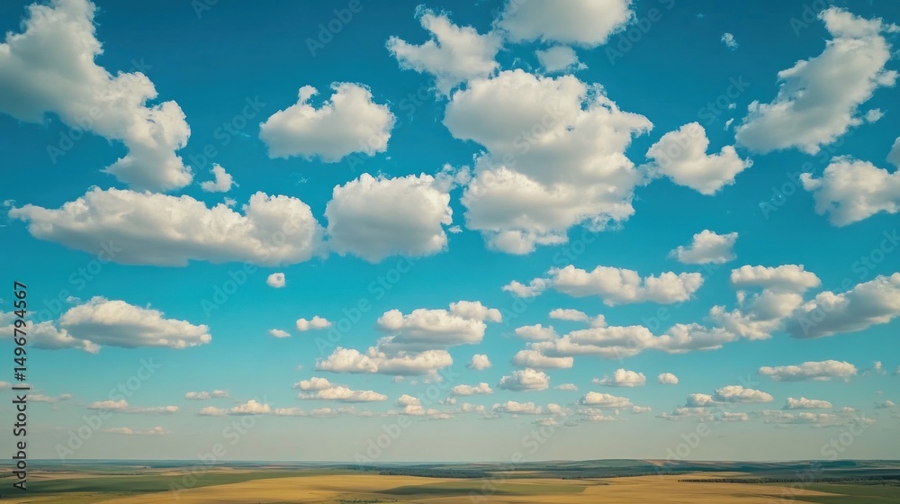 Obraz premium Vast Blue Sky with Fluffy Cumulus Clouds Over Golden Fields
