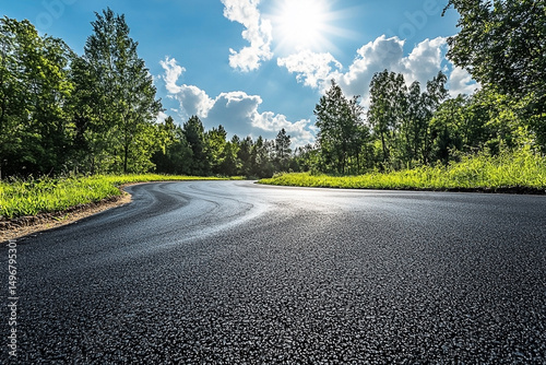 Scenic countryside road with lush greenery and a bright sunny sky overhead