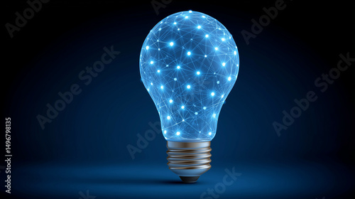  A light bulb with glowing digital connections inside, symbolizing the concept of innovation and technology in an advertising poster design. The background is dark blue to empha photo