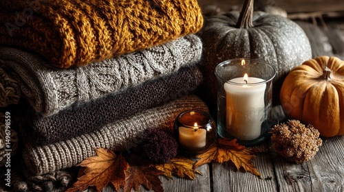 Cozy autumn sweaters, pumpkins, candles on wood