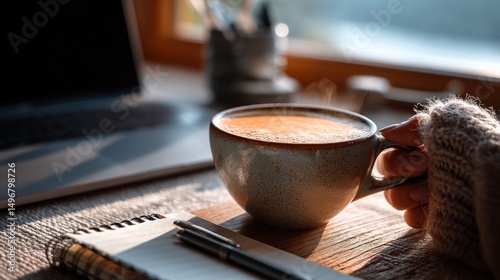 Cozy autumn workspace coffee, laptop, notepad