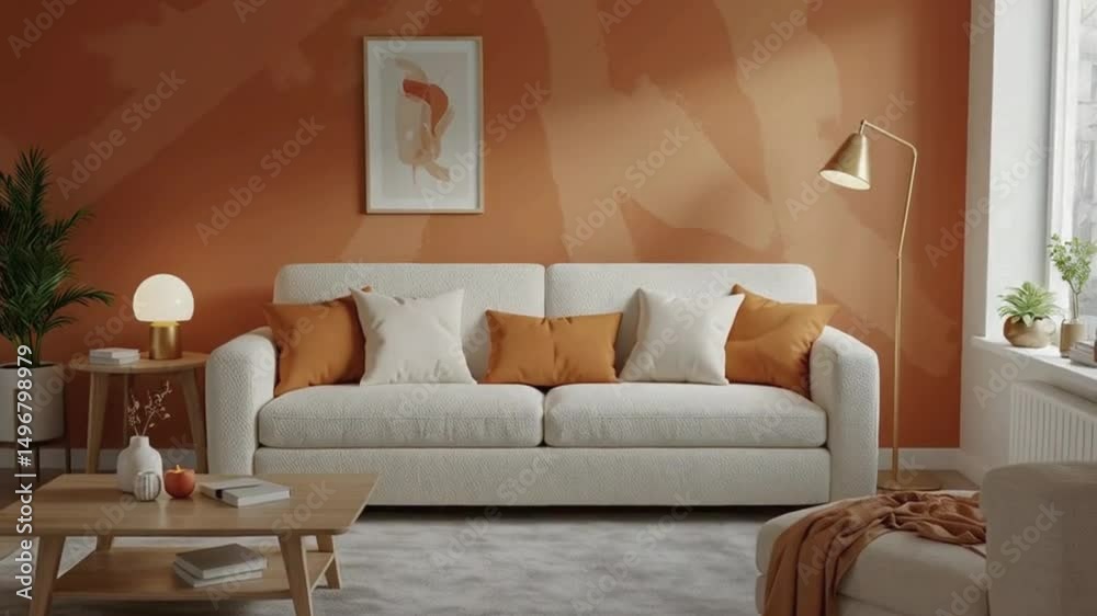 modern living room bathed in natural light, featuring a luxurious white boucle sofa that adds soft texture and elegance The backdrop is a bold, orange wall. 4k video