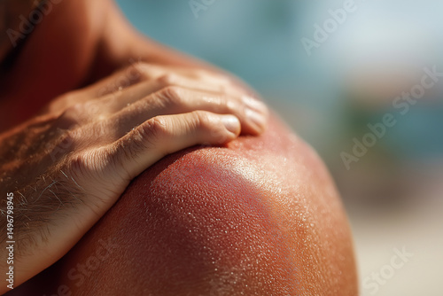 Close-up of a male hand holding an itchy, red, and pink sunburned arm skin on a sunny day at the beach. Sun cream applied to the healthy man's shoulder to help reduce healing time