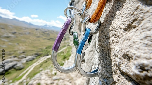 Colorful carabiners on rocky mountainside adventure climbing gear photo