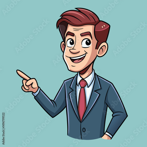 Business man pointing finger at something. Happy face. Hand drawn style vector design illustrations. 