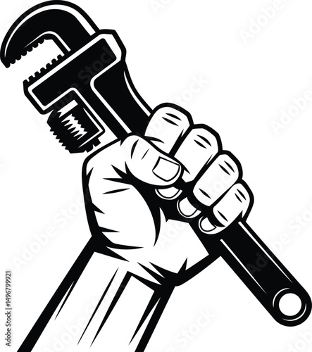 Hand Holding Pipe Wrench Silhouette Vector Design, Transparent Background.