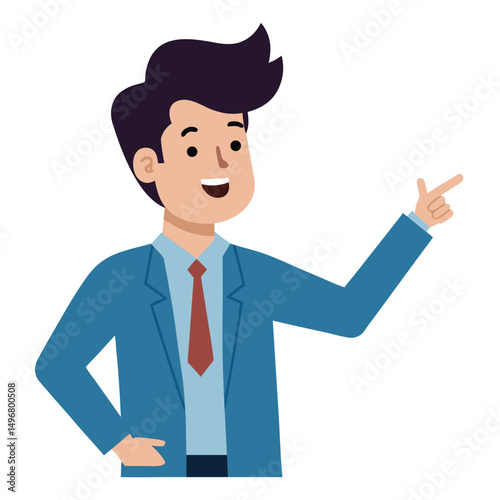 Business man pointing finger at something. Happy face. Hand drawn style vector design illustrations. 