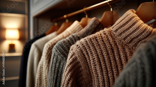 Cozy knit sweaters hanging, home closet, warm light