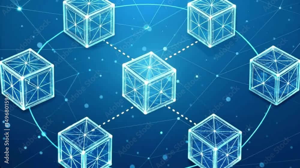 Abstract blue geometric background with seamless cube pattern and tech lines
