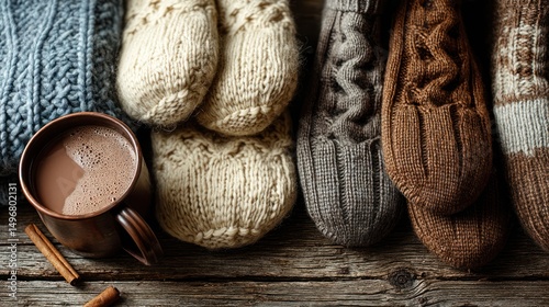 Cozy winter cocoa, knitted mittens, sweater, rustic wood