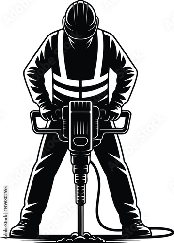 Construction Worker Front View Silhouette Using Jackhammer Vector.
