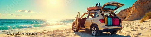 A family's packed car, brimming with suitcases and beach gear, ready for a summer road trip adventure Sun shines brightly on the vehicle, promising a fun-filled vacation , road trip, car journey