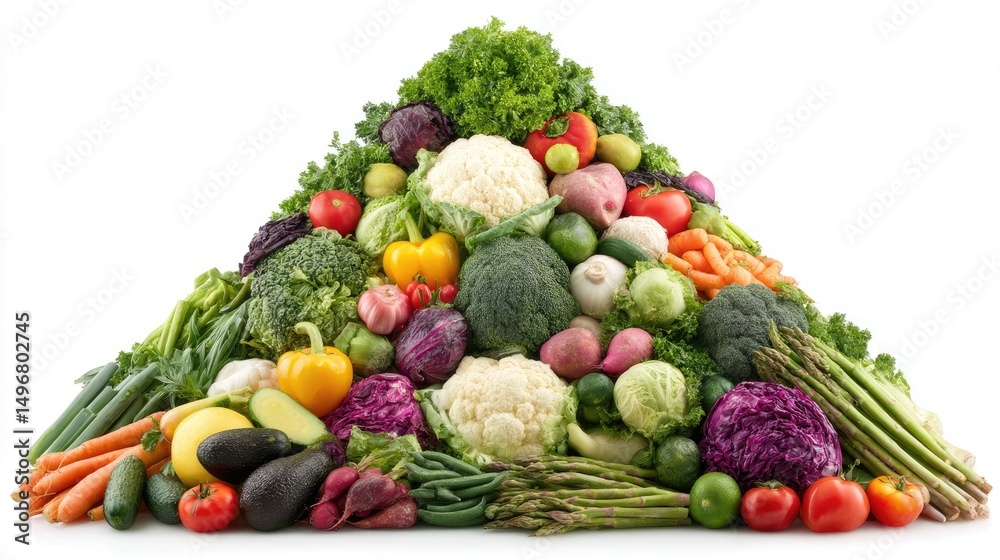 Colorful array of fresh vegetables. A pyramid-shaped mountain of various produce, including leafy greens, root vegetables, cruciferous vegetables, and fruits Colorful array of fresh vegetables. A pyramid-shaped mountain of various produce, including leafy greens, root vegetables, cruciferous vegetables, and fruits