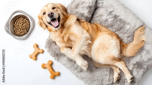 Top down view of happy golden retriever lying soft plush dog bed bone toy food bowl captured home pet care scene white background ideal pet lifestyle visuals stock photography cut out isolated