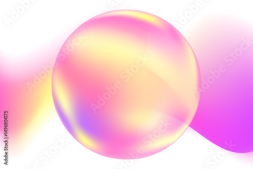 Cute glowing pink, yellow 3D glass sphere, purple holographic gradient blurred texture background. Glowing abstract element, perfect for digital art, product backdrop, fantasy creative projects.