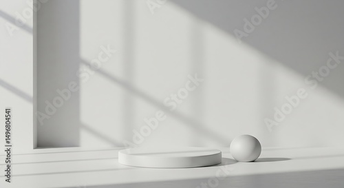 A modern white 3D arrangement featuring a cylindrical podium and a sphere, creating a minimalist and sophisticated visual.