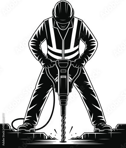 Construction Worker Silhouette Using Jackhammer Vector.