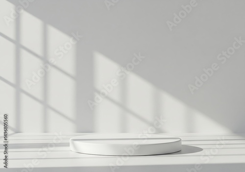 A minimalist white 3D scene featuring a cylindrical podium and a sphere, lit by a window casting soft shadows