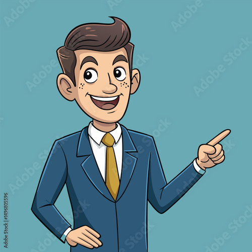 Business man pointing finger at something. Happy face. Hand drawn style vector design illustrations. 