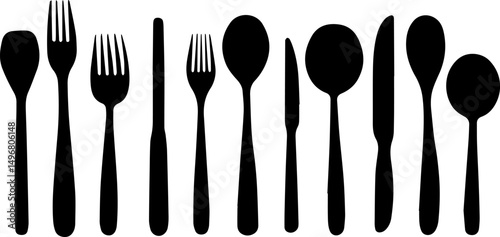 spoon and fork set. Set of restaurant icons. Silhouette cutlery icon, Steel Spoon Set, Spoon Set, Cutlery Set, Stainless Steel Spoon Set. Black cutlery set, Kitchen silhouette set.