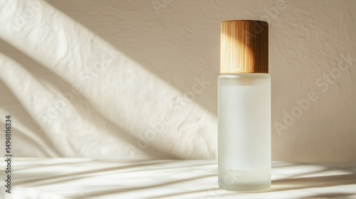 Frosted Glass Bottle with Wooden Cap in Soft Warm Light, Creating Serene and Premium Ambiance