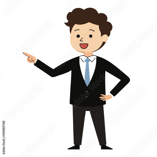 Business man pointing finger at something. Happy face. Hand drawn style vector design illustrations. 