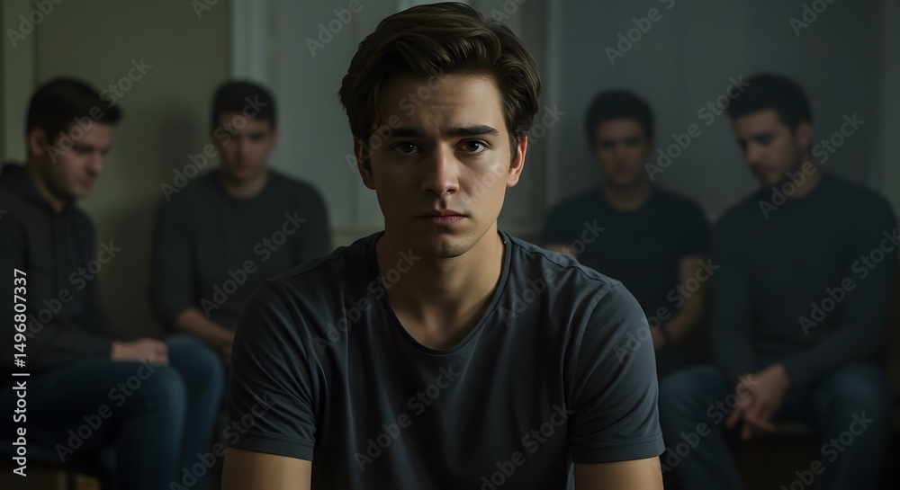 Fototapeta premium Man Feeling Isolated While Group Laughs in Background