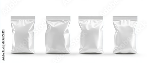 Packaging for snacks features a plastic bag, foil pouch, aluminum packaging for bulk foods, and a mockup for candy sachets