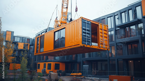 Modular living container being installed in urban apartment building