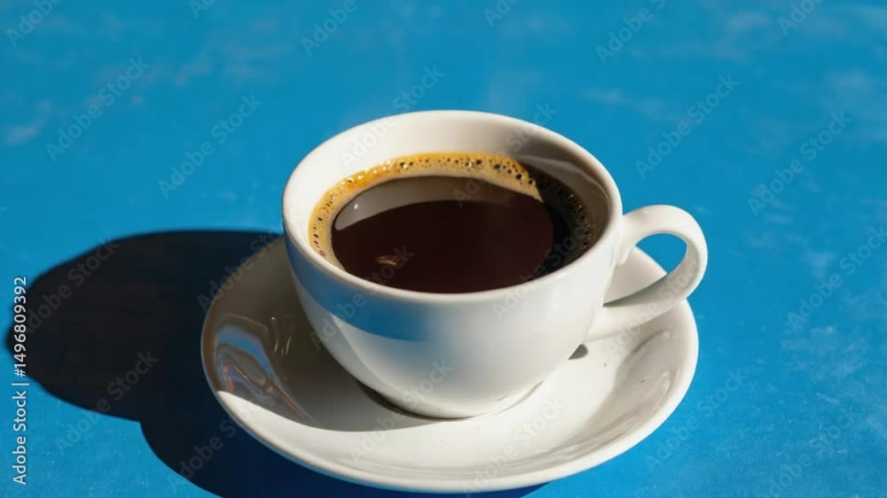 cup of coffee on a blue background. 