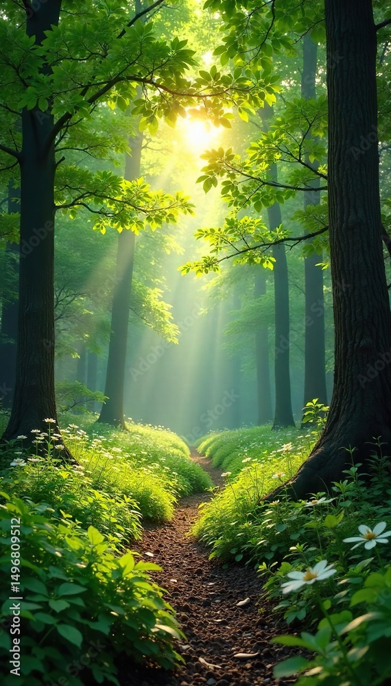 Fototapeta premium Sun-dappled forest floor in summer, lush green foliage, dappled sunlight filtering through leaves, vibrant green undergrowth, peaceful summer scene , scenery, growth, flora