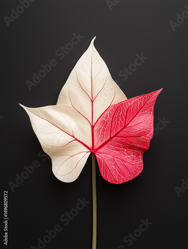Hyper-Realistic Photo of Caladium Leaf on Dark Background with Bright Colors and Intricate Patterns