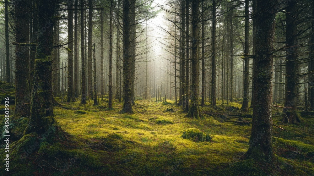 Fototapeta premium Photo of Forest with tall trees and green moss, misty atmosphere.