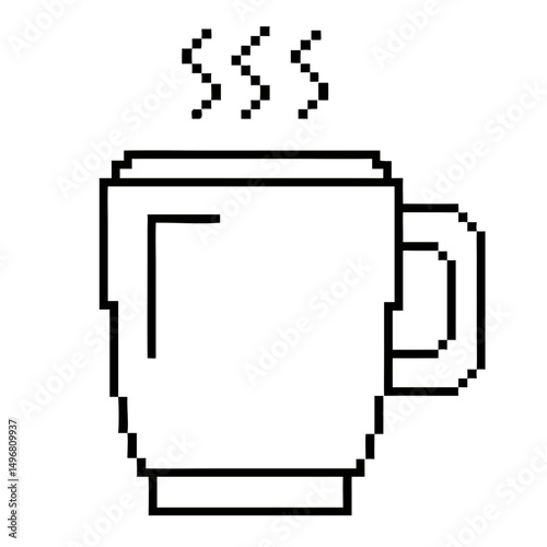 Pixel art coffee mug with steam on transparent background for unique decor
