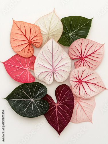 Hyper-Realistic Image of Multiple Caladium Leaves in Natural Setting with Diverse Shapes and Colors