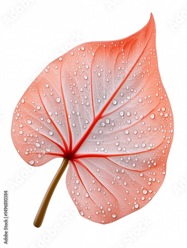 Realistic Photo of Caladium Leaf with Water Droplets on Glossy Surface and Vibrant Colors