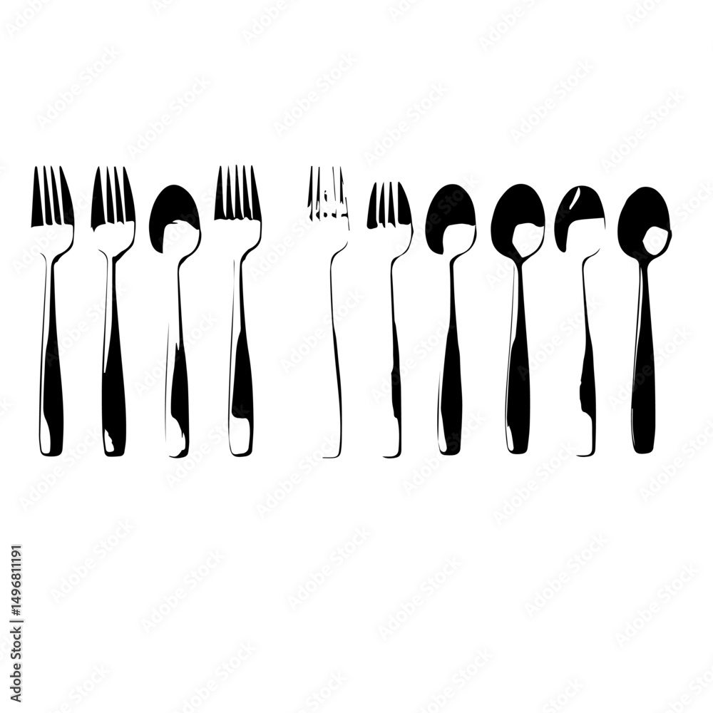 Obraz premium spoon and fork set. Set of restaurant icons. Silhouette cutlery icon, Steel Spoon Set, Spoon Set, Cutlery Set, Stainless Steel Spoon Set. Black cutlery set, Kitchen silhouette set.