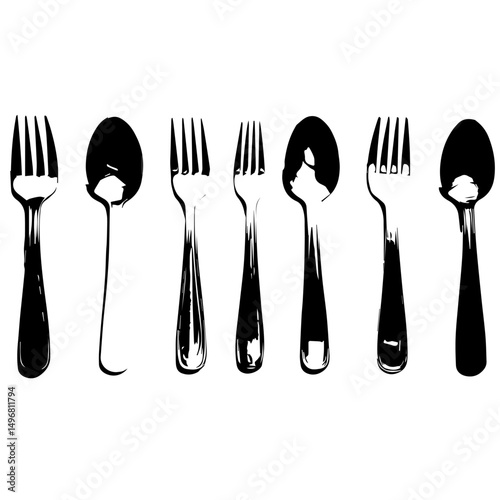 spoon and fork set. Set of restaurant icons. Silhouette cutlery icon, Steel Spoon Set, Spoon Set, Cutlery Set, Stainless Steel Spoon Set. Black cutlery set, Kitchen silhouette set.