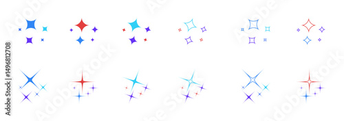 Astronomy colored glowing and sparkle bright star icons with rays. Scientific binary star systems vector illustration