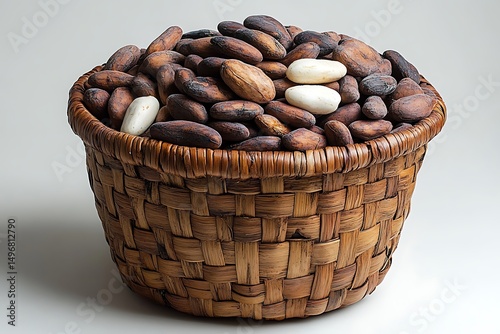 Cacao beans in a rustic woven basket