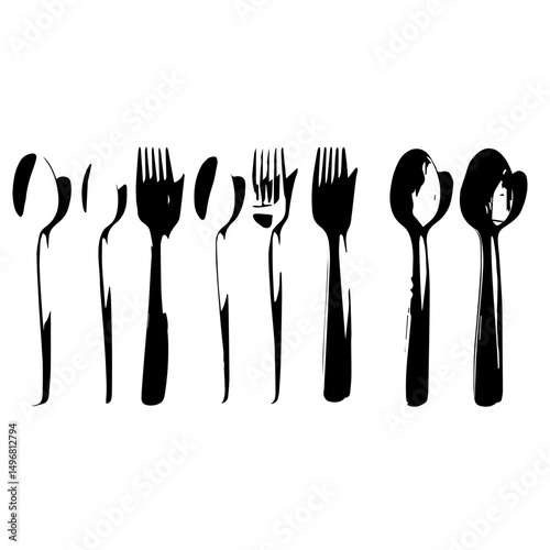 spoon and fork set. Set of restaurant icons. Silhouette cutlery icon, Steel Spoon Set, Spoon Set, Cutlery Set, Stainless Steel Spoon Set. Black cutlery set, Kitchen silhouette set.